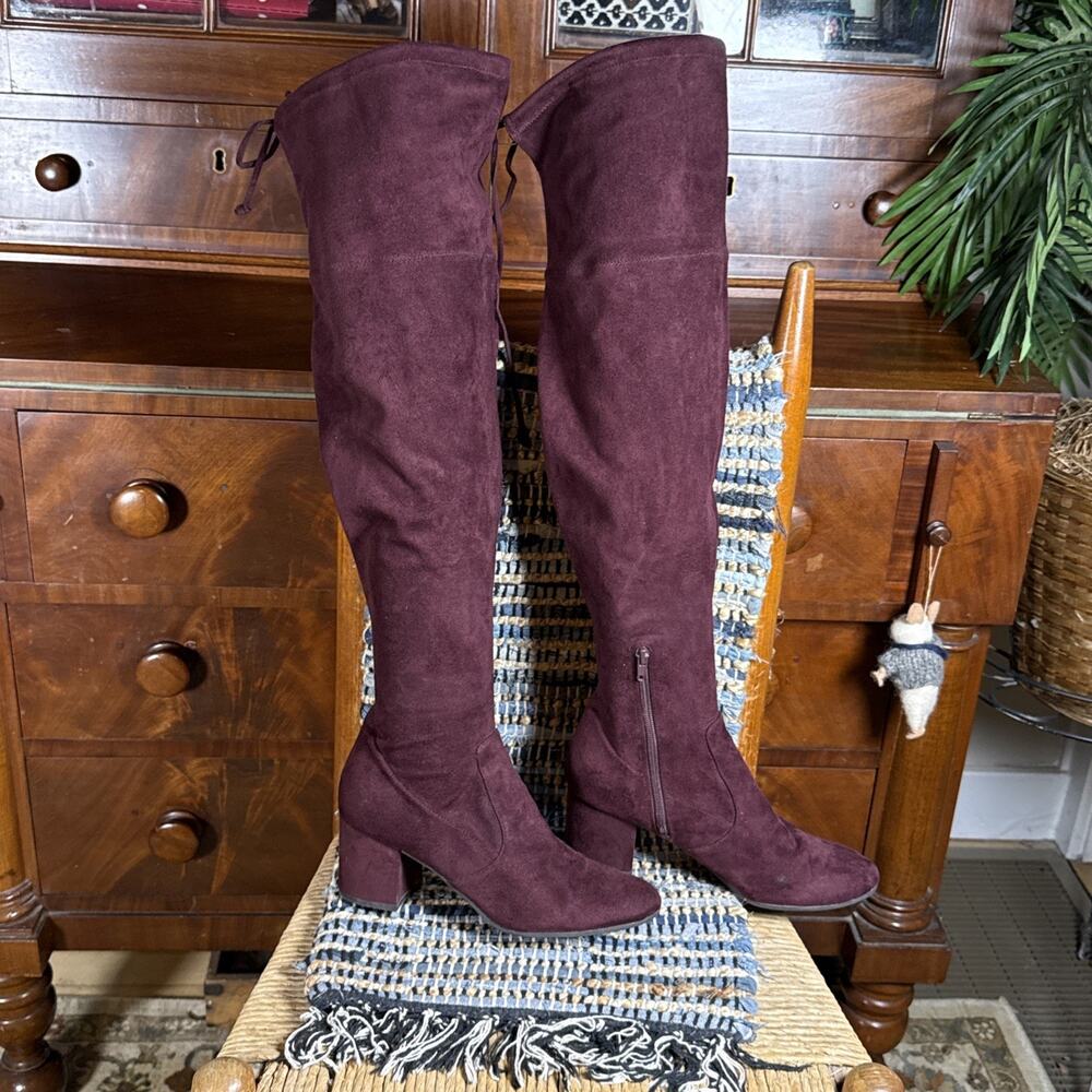 UNISA Burgundy Faux Suede Over The Knee Boots Block Heel Zip Women's Size 8M